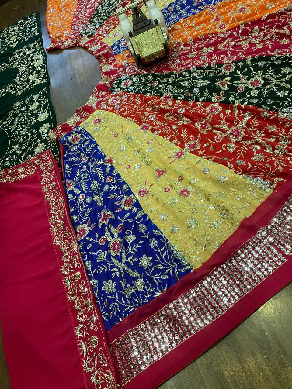 Lehenga choli
Fabric : Luxurious Faux Georgette
Embellishment : Intricate Sequins Embroidery, enhanced with Can-Can and Canvas layers