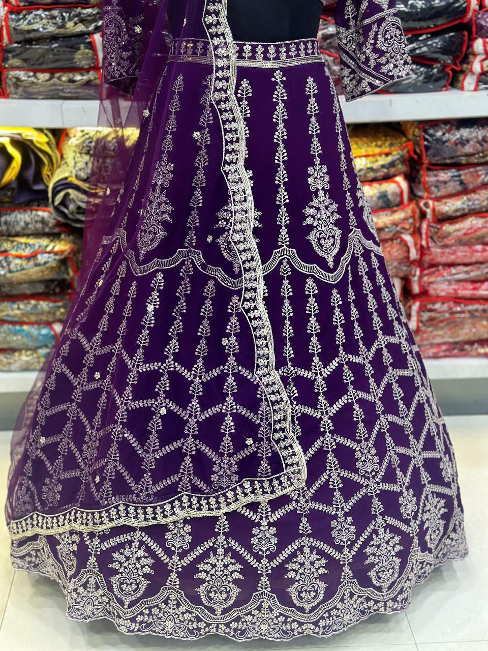 LEHNGA : FAUX GEORGEET WITH EMBROIDERY SEQUENCE DESIGN WORK