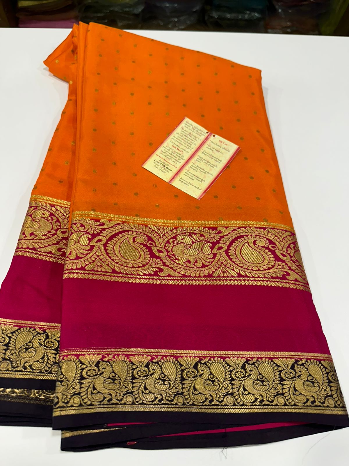 Pure Mysore silk sarees
120 grm thickness with rich pallu
Silk mark certified
Big mango n peacock design on border