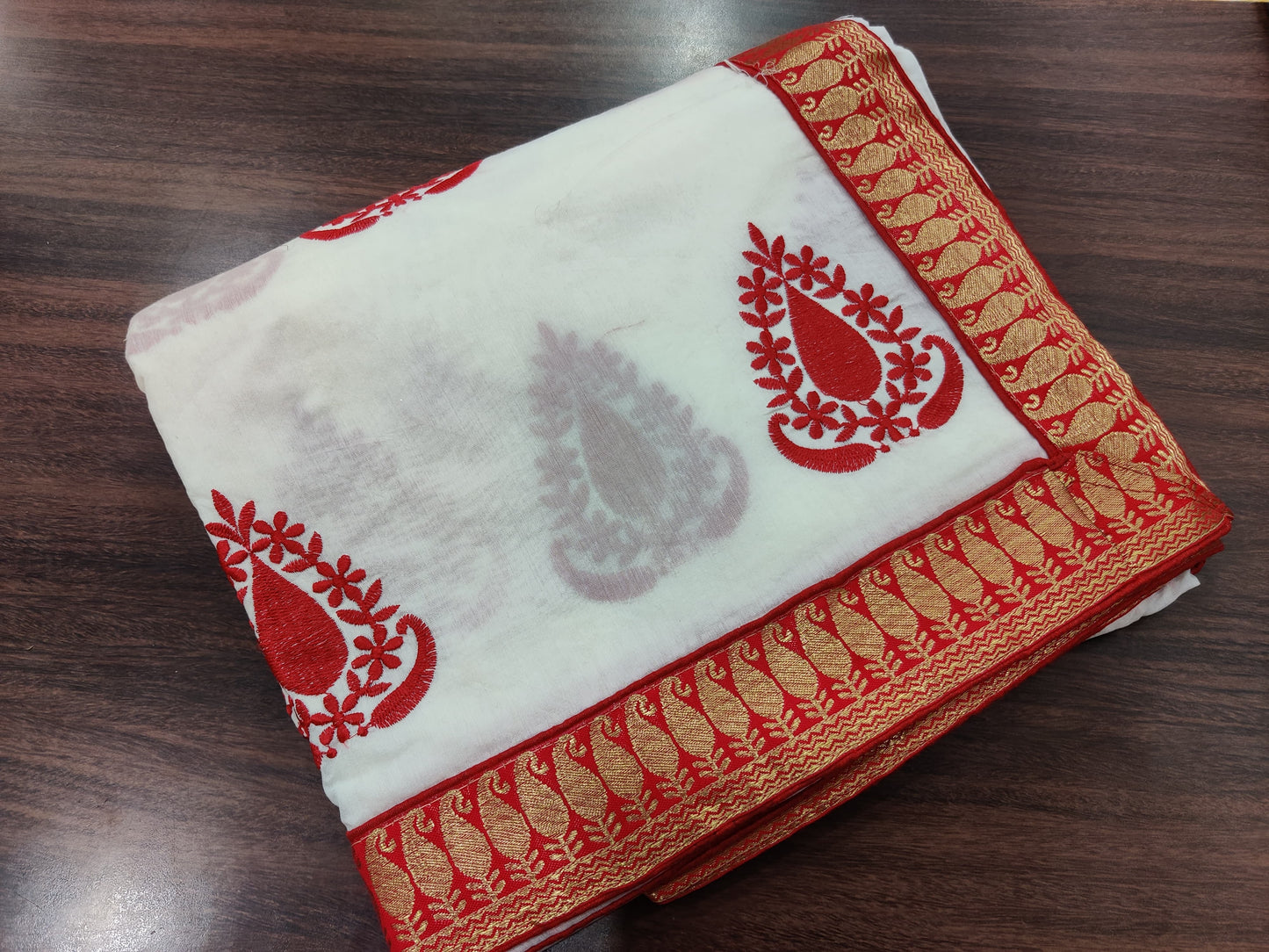 White Red cotton Saree