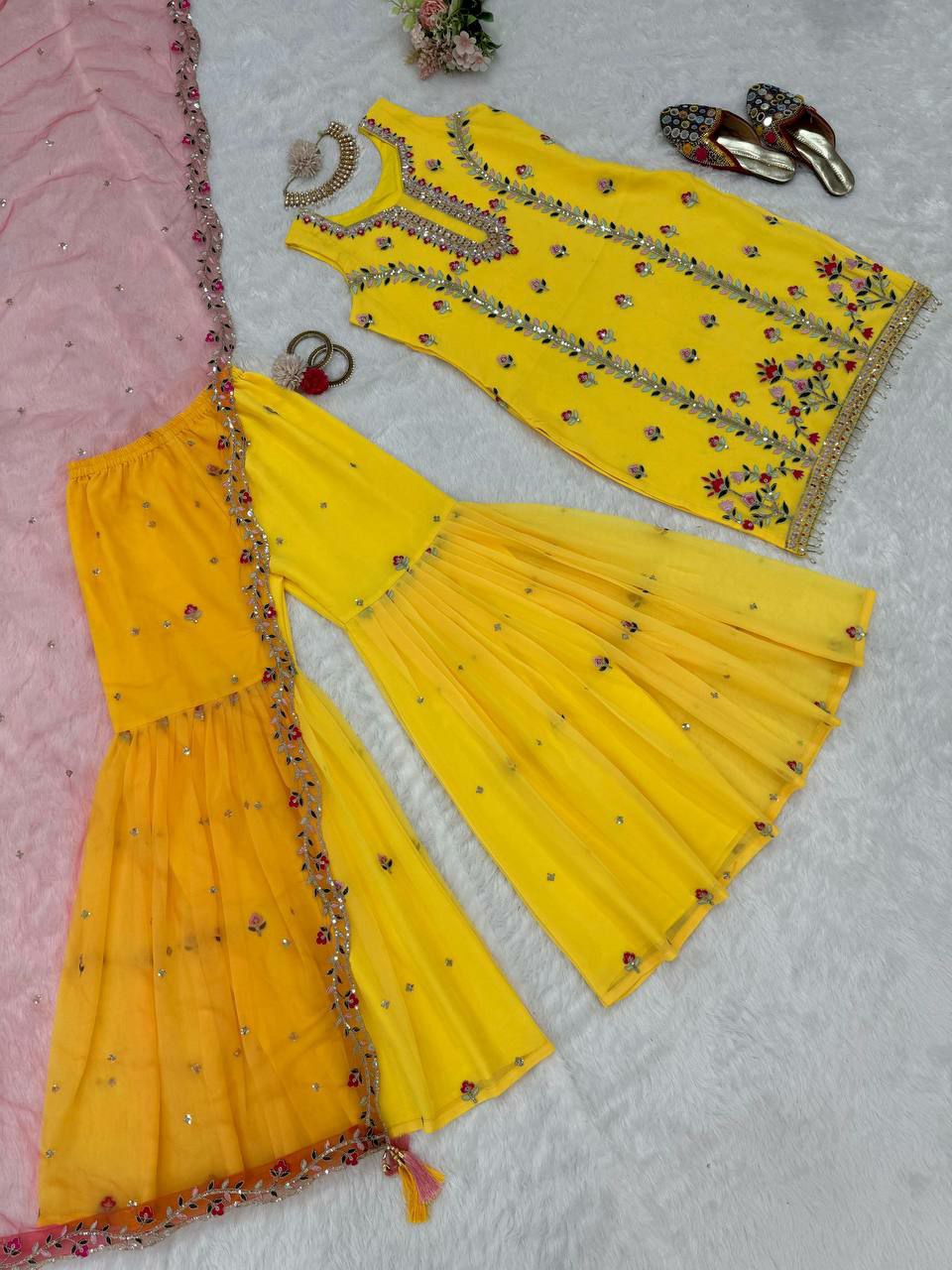 Designer sharara suit set perfect for haldi ceremony Foux gorgette
Inner : Micro
Work : thread with Sequnce