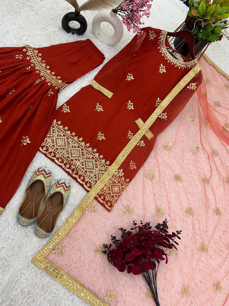 Plazzo suit set Top Fabric : Heavy Faux Georgette With 5mm Embroidery Sequence Work With Full Sleeve
Top Inner : Heavy Micro Cotton
Top Length : 38-39 Inch
Top Size : M(38),L(40),XL(42),XXL(44)
(FULLY STITCHING
