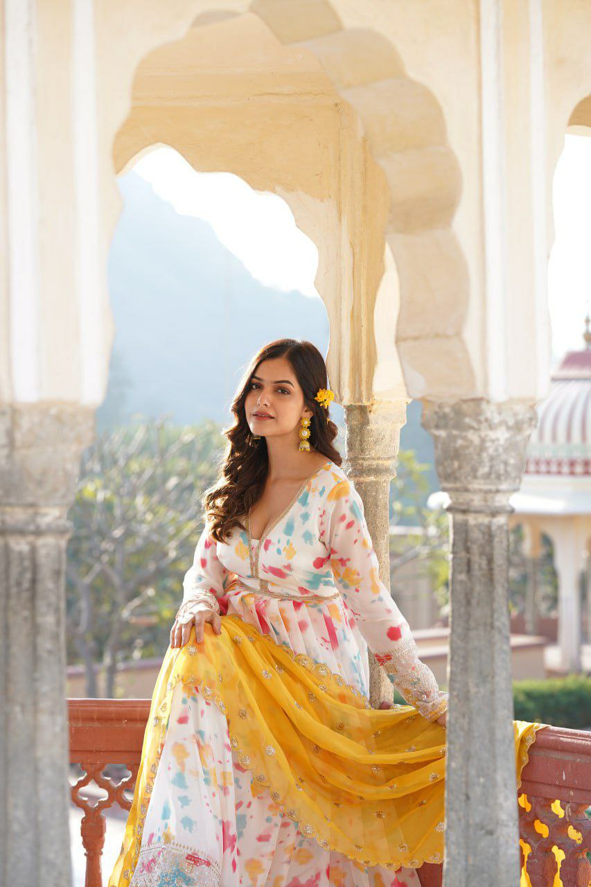 Anarkali suit set Digital printed Russian silk With Embroidery Zari Sequins-work