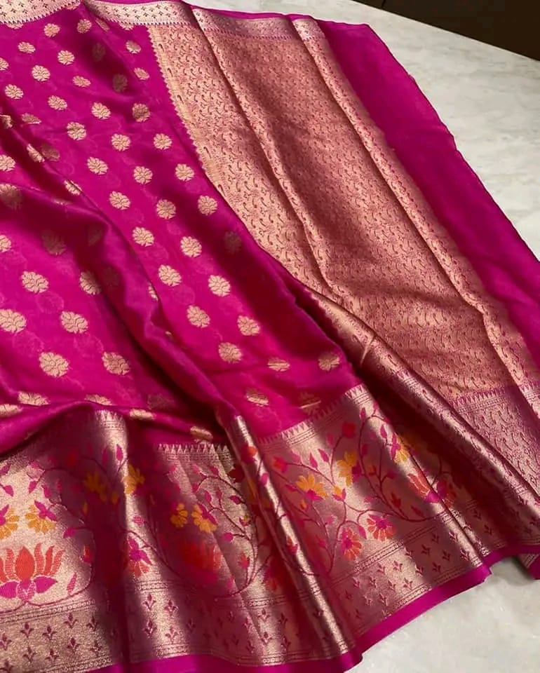 Banarasi Warmsilk Alfi Scurt*
Water Zari and Dupian Mina Work*
Beautiful Colour Combination*
Soft Fabric Light Weight Sarees*