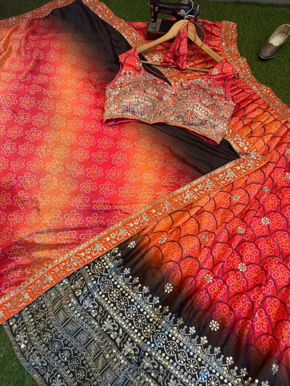 LEHNGA : CHINON SILK WITH DIGITAL PRINT AND EMBROIDERY SEQUENCE DESIGN WORK