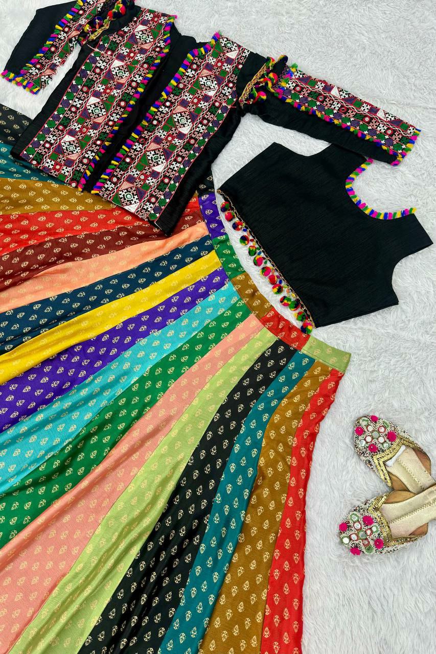 Multi colour lehenga choli with jacket
Koti
Koti Fabric : Heavy Mono Silk
Koti Work : Fancy Gamthi Embroidery With Real Mirror Work And Multiple Fancy Lace Work