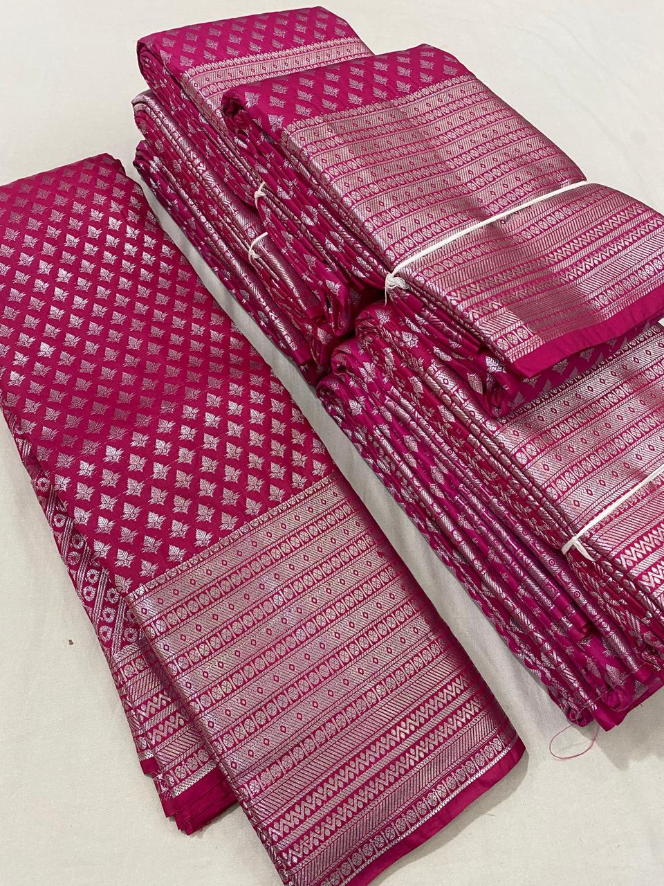 Kanchipuram semi silk sareesbeautiful pink colour and Silver saree good quality