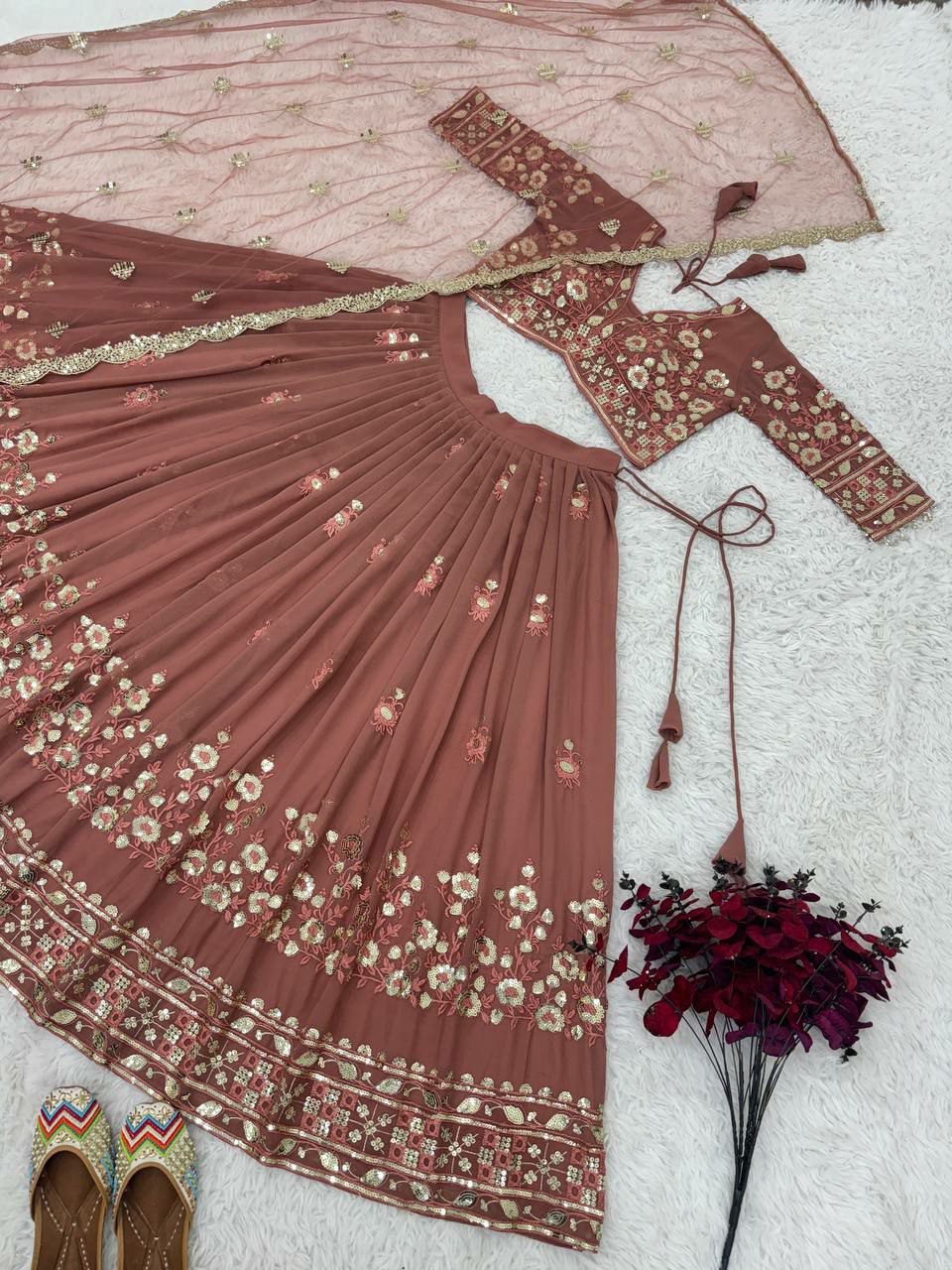 Wedding Collection Lehenga Choli With Full Heavy Embroidery Sequence Work
Lehenga Fabric :Heavy Faux Georgette With Heavy Embroidery Sequence Work With Latkan Dori