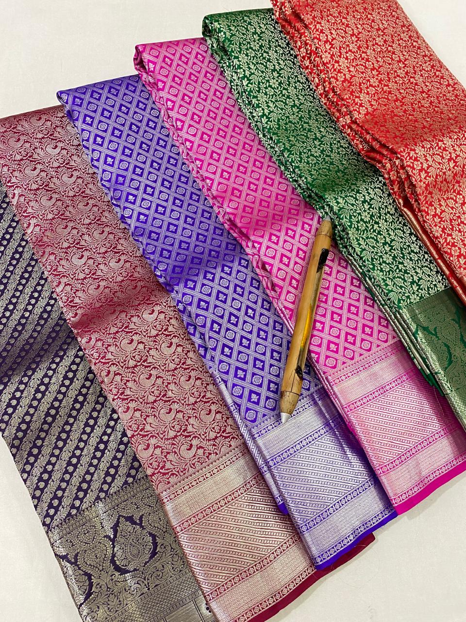 Kanchipuram Handloom pure silk saree
Beautiful fancy Design
silver zari collection beautiful wedding grand type sarees*