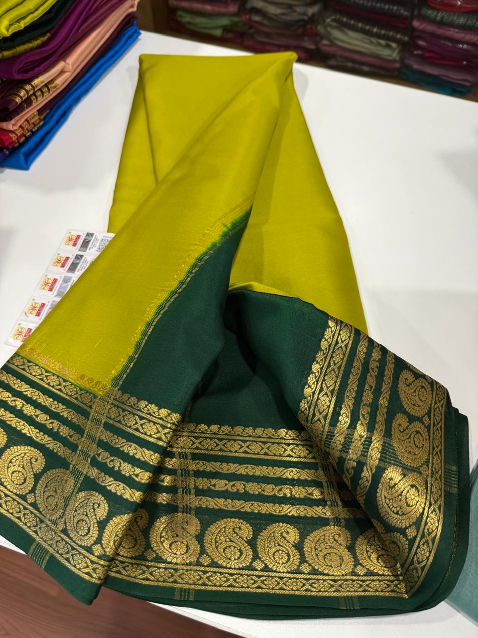 Pure Mysore silk sarees
75 grm thickness Traditional border Mysore silk sarees with all beautiful self colour big mango traditional