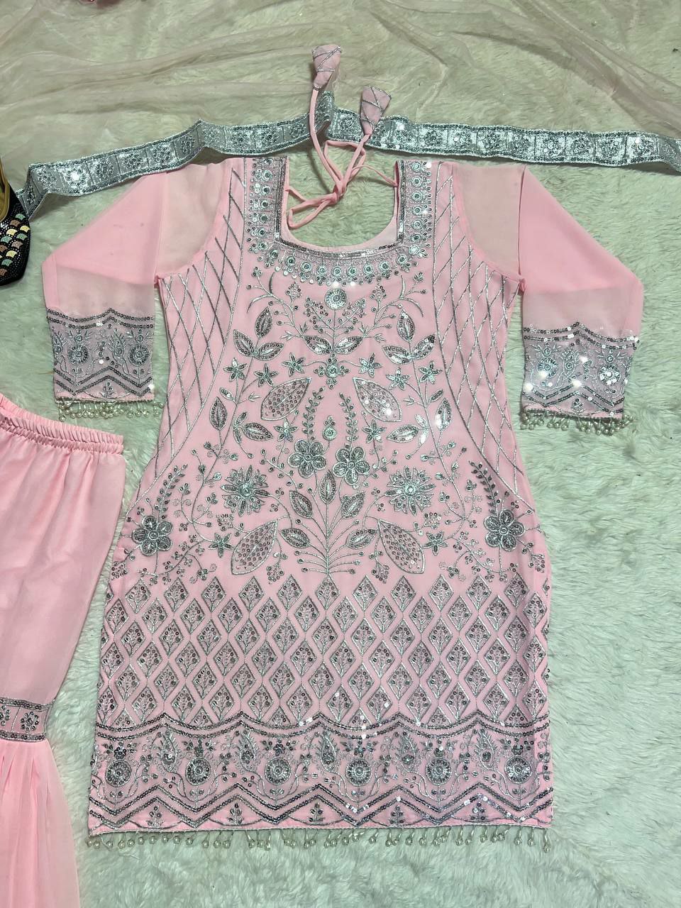 Sharara suti set Heavy Faux Georgette Material With 5mm Sequence Embroidery Work. with (Long Sleeves )