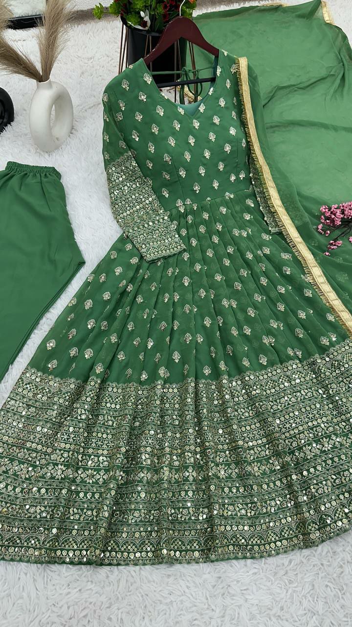 Gown Set Gown Fabric : Pure Heavy Chinnon Silk With Full Heavy Embroidery Sequence Work full Sleeve
Gown Inner : Micro Cotton
SIZE
XL(42) Free Size With ,XXL(44) Marjin
(Fully Stitched Ready To Wear)