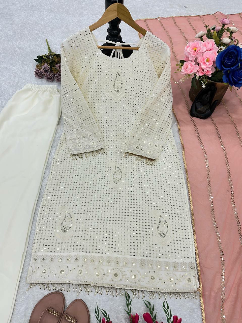 Beautiful suits said perfect additional look
TOP FABRIC : HAVY FOUX GOARGATYE WITH HAVY EMBROIDERY WORK AND MOTI LACE WORK