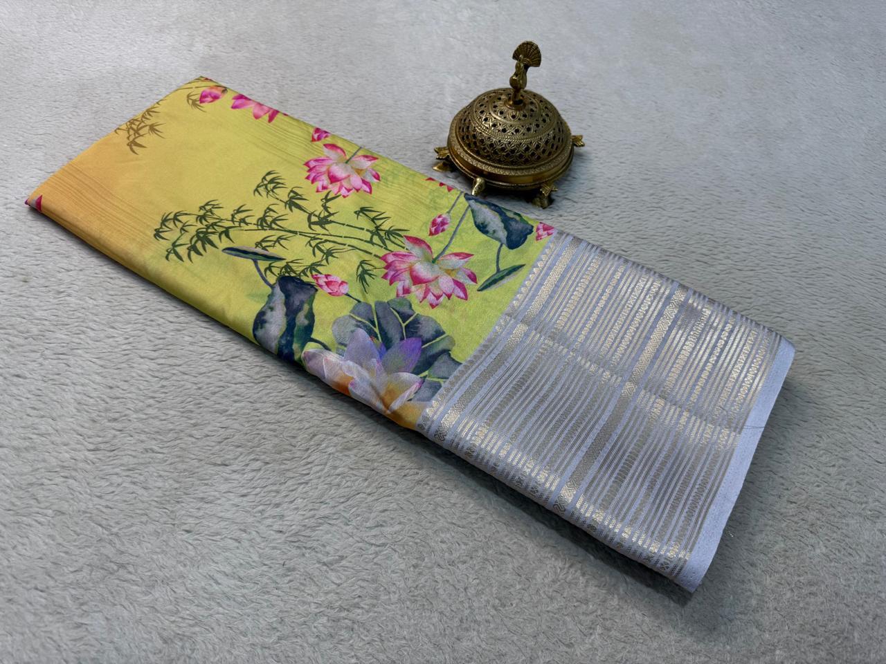Printed Semi Mysore Silk Saree with Long Kanchi Border