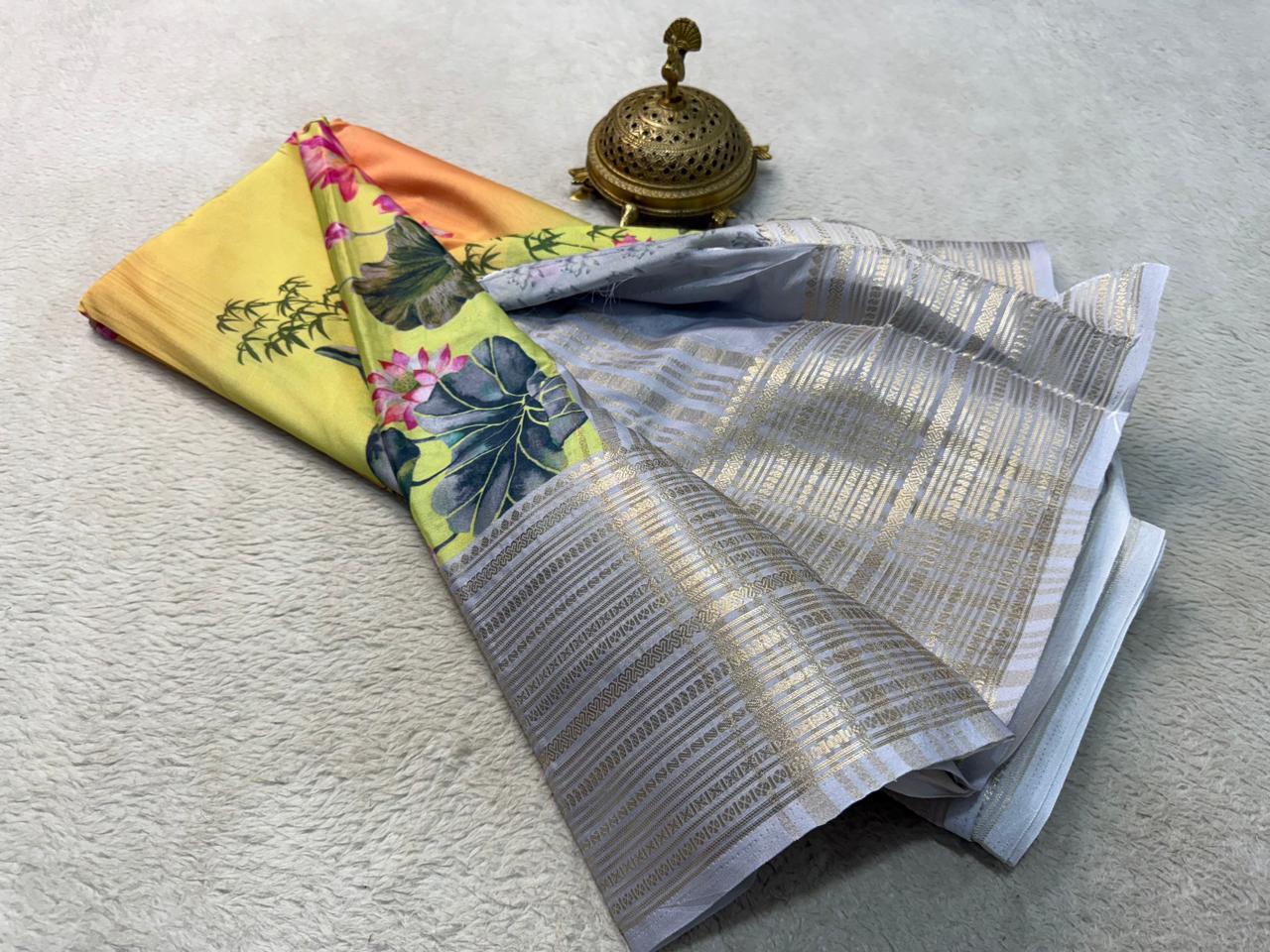 Printed Semi Mysore Silk Saree with Long Kanchi Border