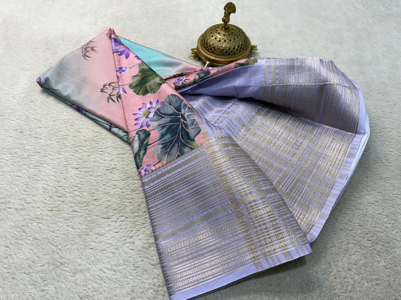 Printed Semi Mysore Silk Saree with Long Kanchi Border
