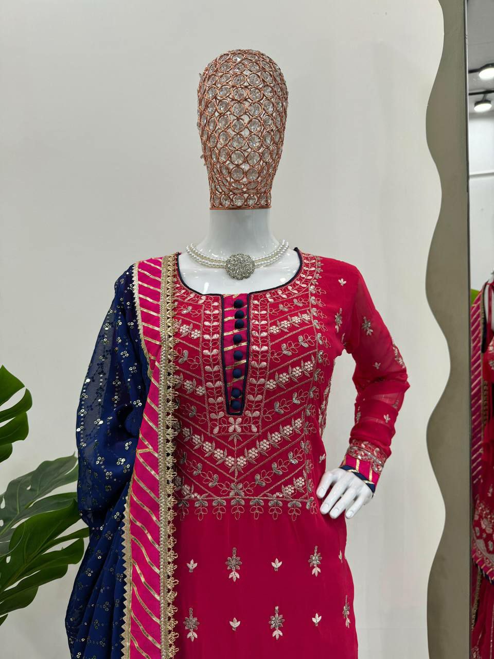 Perfect bridal sharara suit set Fabric :  Foux gorgette 
Inner  : Micro
Work   : thread with Sequnce  
Stich    : M(38),L(40),XL(42) with xxl margin