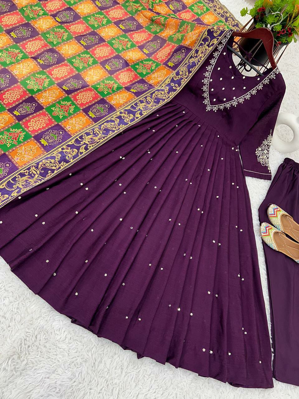 Suti set Pure Chinnon Silk With Embroidery Sequence Work With Fancy Full Sleeve
Top Inner : Heavy Micro Cotton
Top Length. :-48-49Inch 
Top Siz
 M(38),L(40),Xl(42),XXL(44)
(FULLY STITCHED READY TO WEAR)