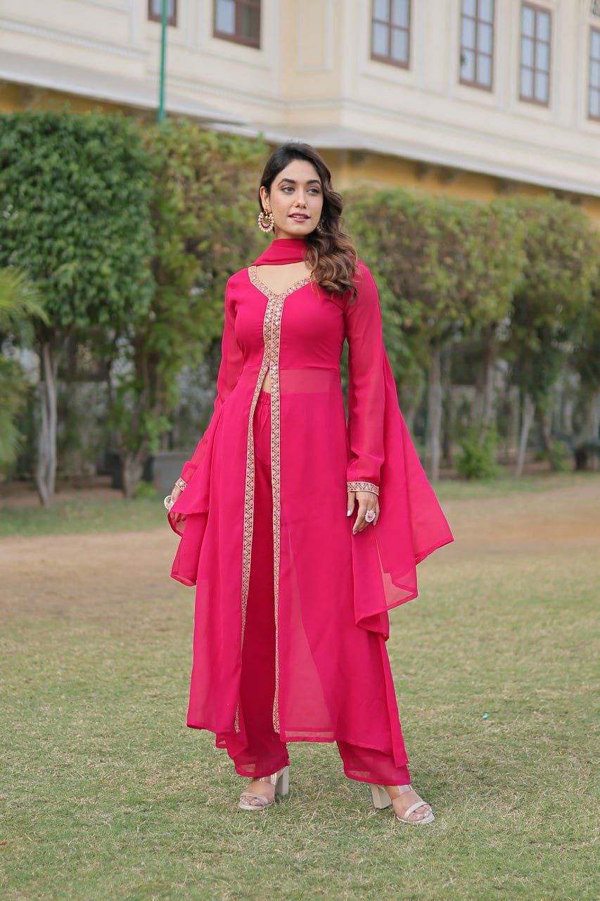 Fancy suit set                        FABRIC & WORK :- Faux Blooming With Embroidered Work