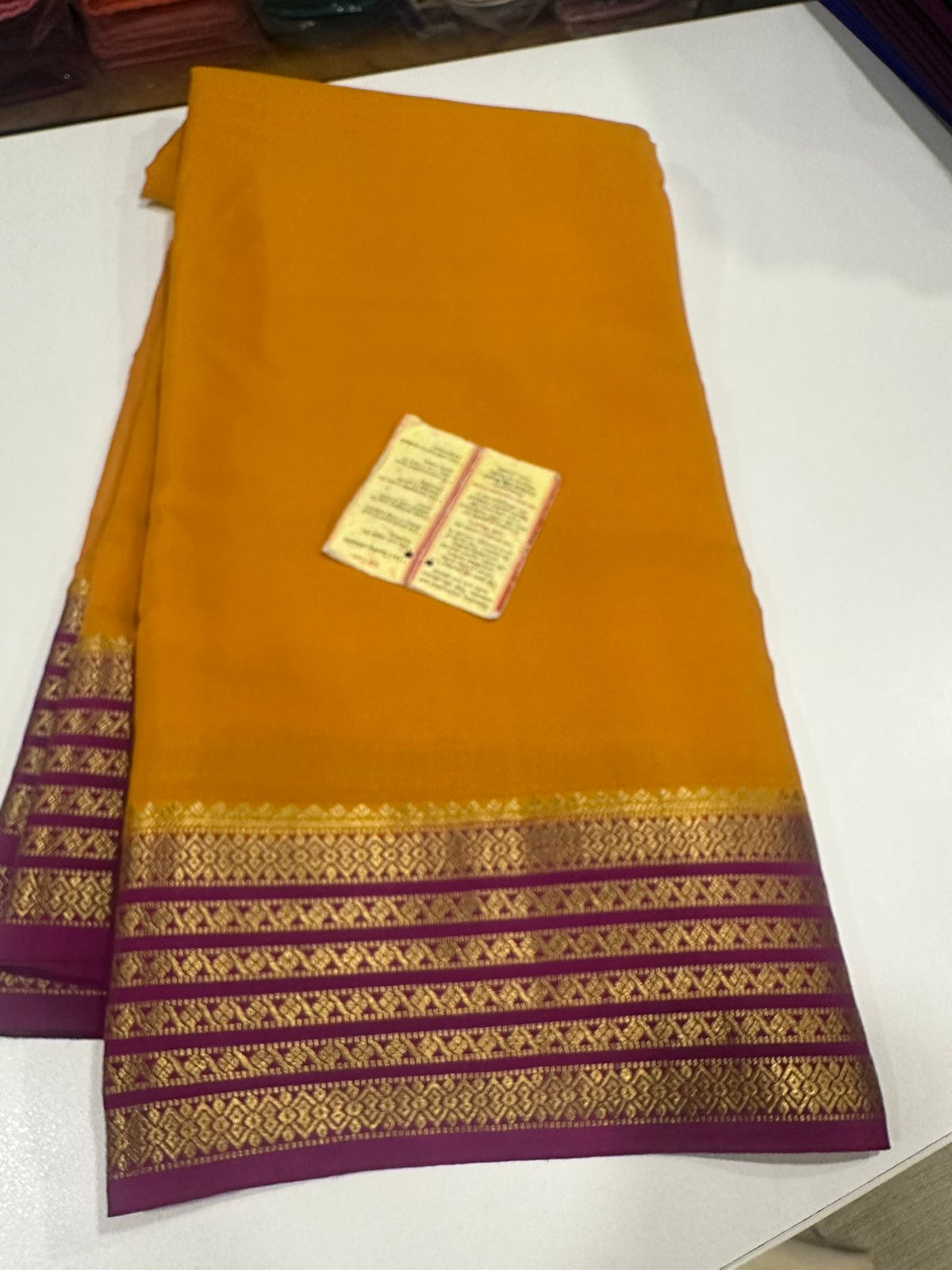 Pure Mysore silk sarees 
110 grm thickness  
Silk mark certified
Traditional lines border mysore silk sarees which comes with beautiful color combination