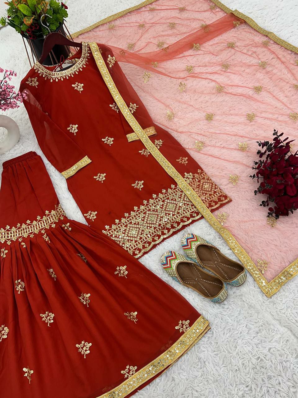 Plazzo suit set Top Fabric : Heavy Faux Georgette With 5mm Embroidery Sequence Work With Full Sleeve
Top Inner  : Heavy Micro Cotton 
Top Length      : 38-39 Inch
Top Size           :      M(38),L(40),XL(42),XXL(44)
(FULLY STITCHING