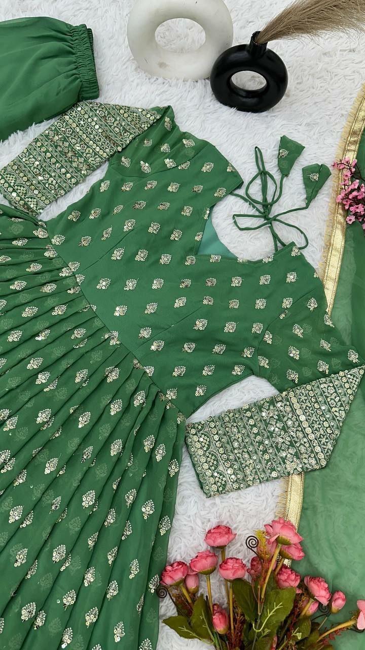 Gown Set Gown Fabric : Pure Heavy  Chinnon Silk With Full Heavy Embroidery Sequence Work full Sleeve
Gown Inner : Micro Cotton
SIZE
XL(42) Free Size With ,XXL(44) Marjin
(Fully Stitched Ready To Wear)