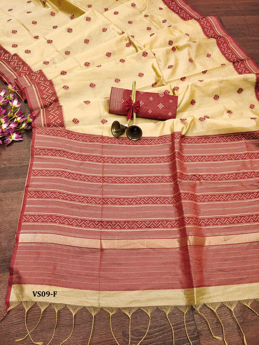 Saree:* Khadi Raw Silk Contrast Weaving Pallu With Royal Tassels With Jamdhani Weaving Border