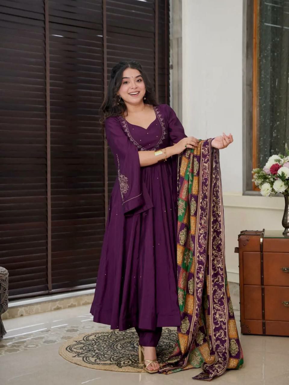 Suti set Pure Chinnon Silk With Embroidery Sequence Work With Fancy Full Sleeve
Top Inner : Heavy Micro Cotton
Top Length. :-48-49Inch 
Top Siz
 M(38),L(40),Xl(42),XXL(44)
(FULLY STITCHED READY TO WEAR)