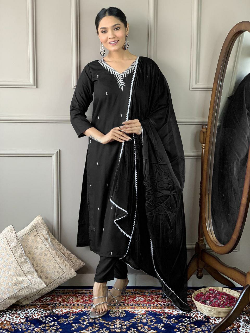 Beautiful suit set.                    PURE REYON SLUB WITH SEQUENCE EMBROIDERY WORK