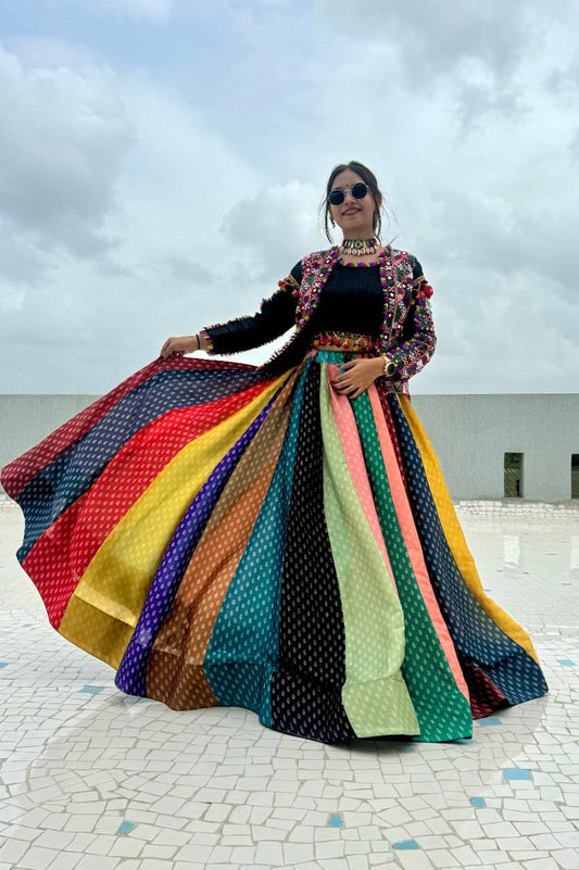 Multi colour lehenga choli with jacket
Koti
Koti Fabric : Heavy Mono Silk
Koti Work : Fancy Gamthi Embroidery With Real Mirror Work And Multiple Fancy Lace Work
