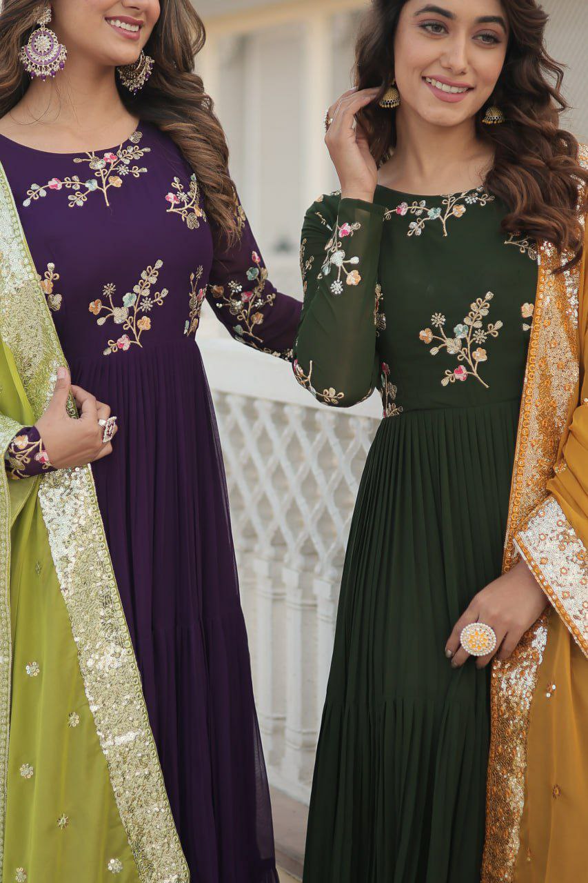 GOWN  set
FABRICS & Work :- Faux Georgette with Embroidered and Multi-Sequins work