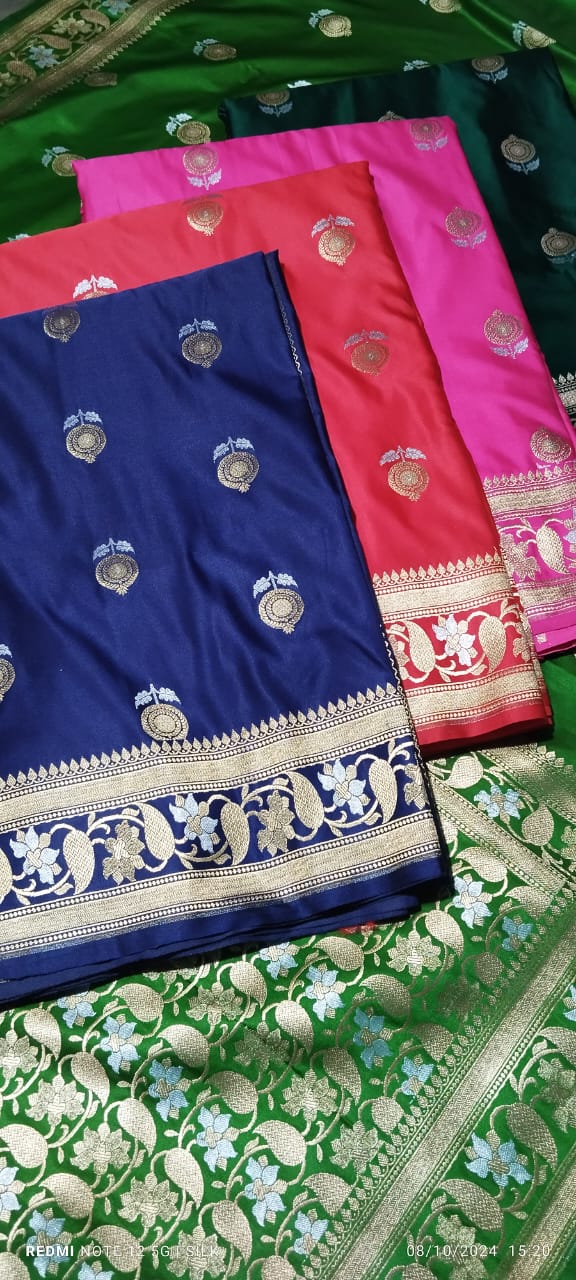 EXCELLENT BANARASI MASHRU SILK SAREES SMOOTH AND SOFT SAREES LIKE PREMIUM KATAN WITH BEAUTIFUL CHAAND SITARA BUTI
WITH BEAUTIFUL BLOUSE PIECE