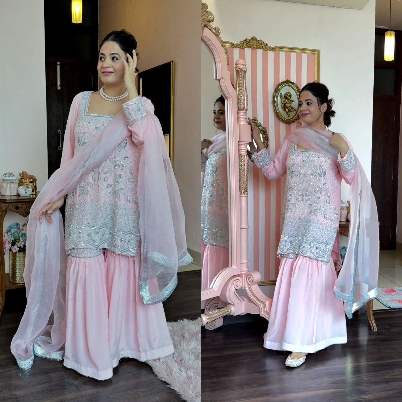 Sharara suti set                         Heavy Faux Georgette Material With 5mm Sequence Embroidery Work. with (Long Sleeves  )