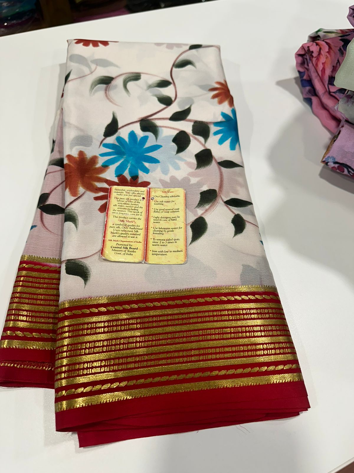 Pure Mysore silk saree
Silk mark certification 
75  grm  thickness 
Comes with contrast  blouse piece 
digital prints Printed Mysore silk sarees with heavy quality