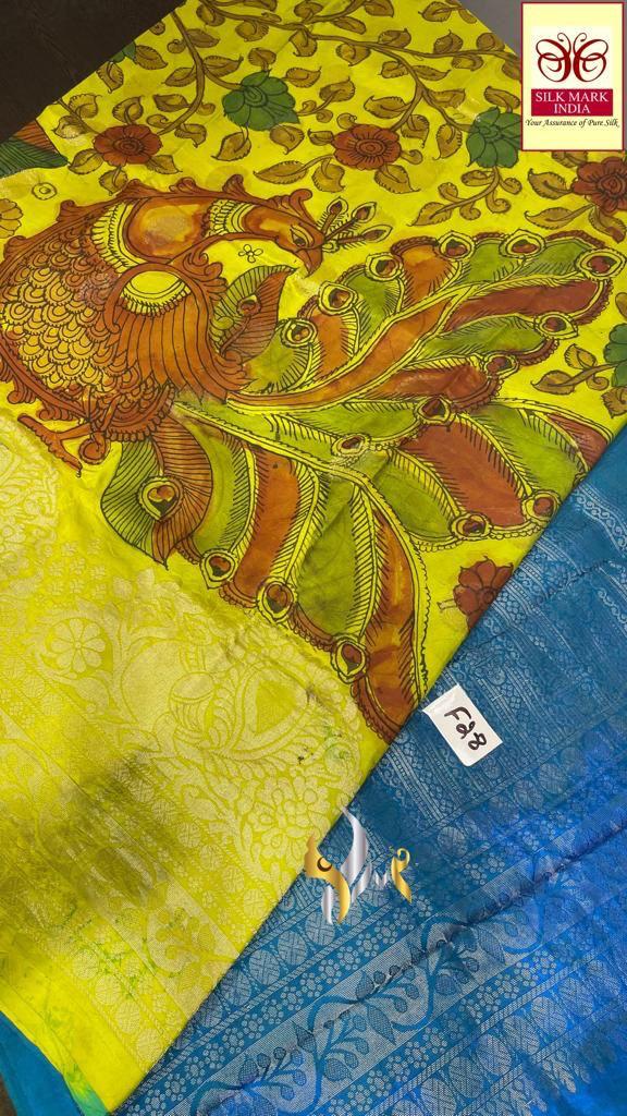 New launch work in penkalamkari monolithic work*
Original PenKalamkari  handpaint Kanchipuram softsilk sarees* 
Natural  organic colour  used on painting