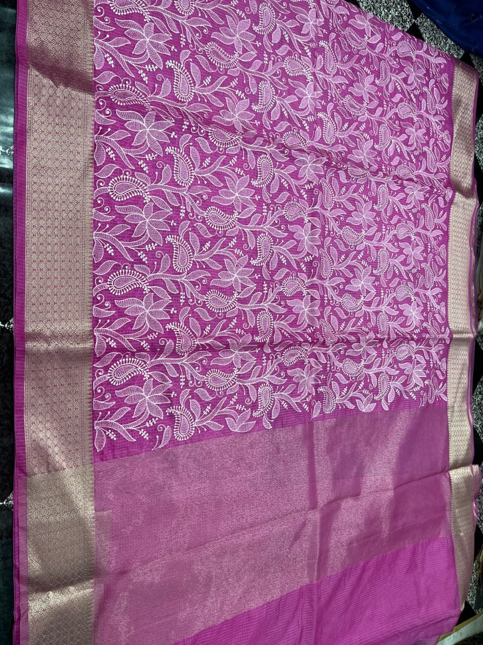 Banarasi Kora Organza Silk Sarees Very Good Quality With Very Beautiful Embroidery Chickenkari Work Weaving Design Border