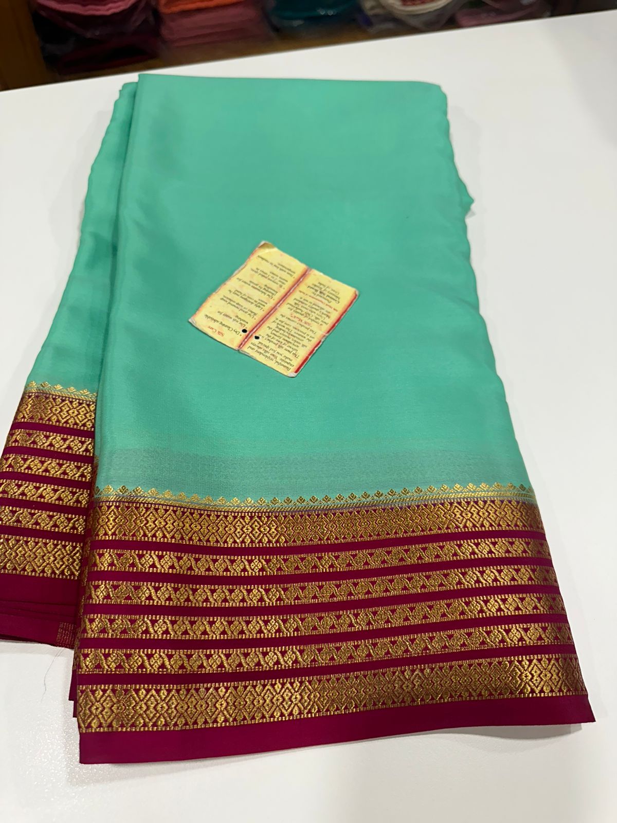 Pure Mysore silk sarees 
110 grm thickness  
Silk mark certified
Traditional lines border mysore silk sarees which comes with beautiful color combination