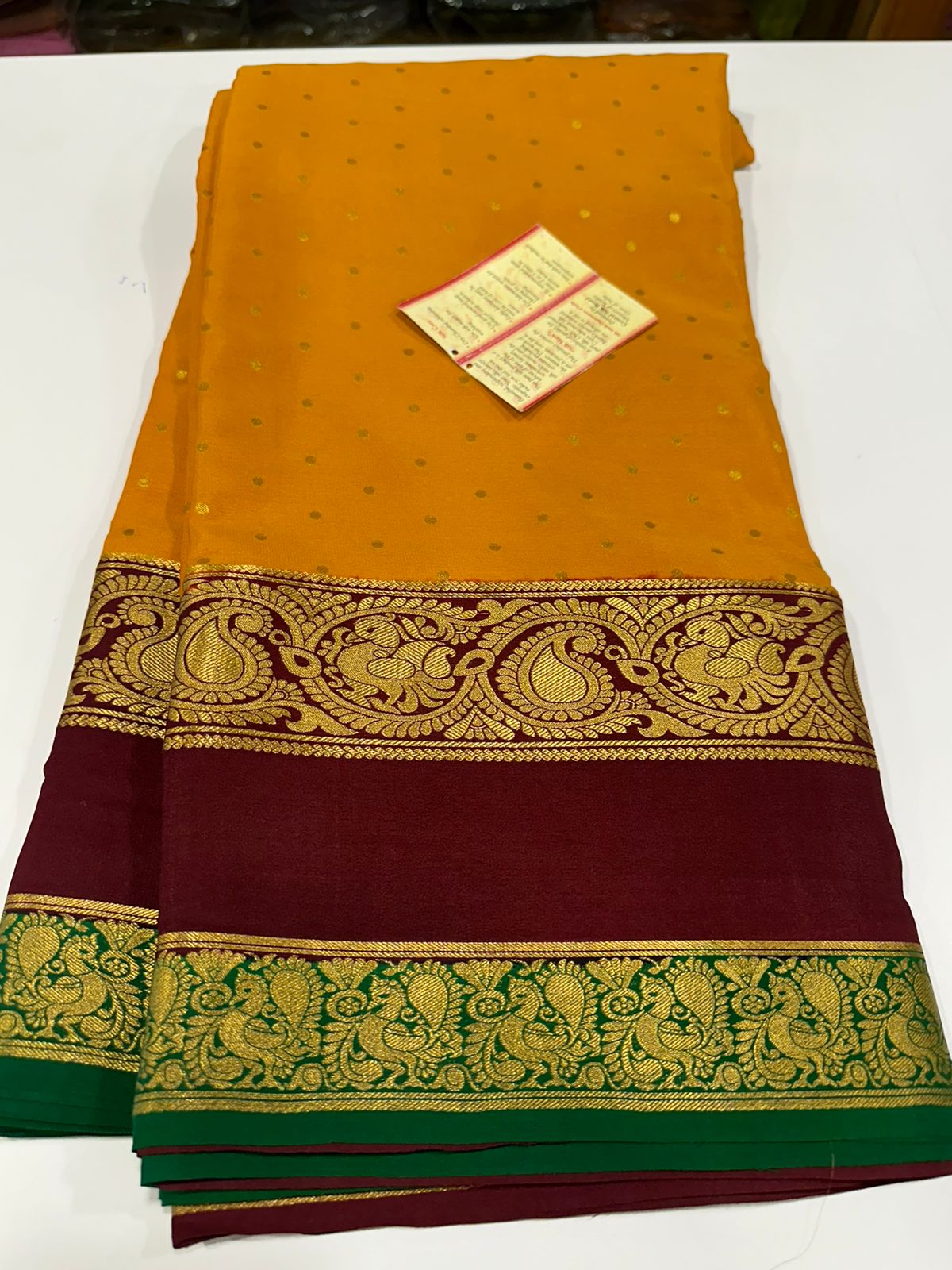 Pure Mysore silk sarees
120 grm thickness  with rich pallu 
Silk mark certified
Big mango n peacock design on border
