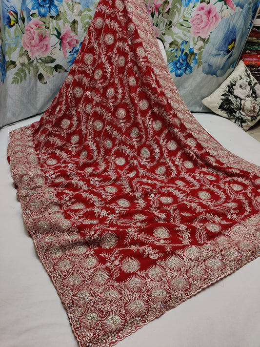 Allover silver jari jall with jarkan stone border on Georgtee 
Saree