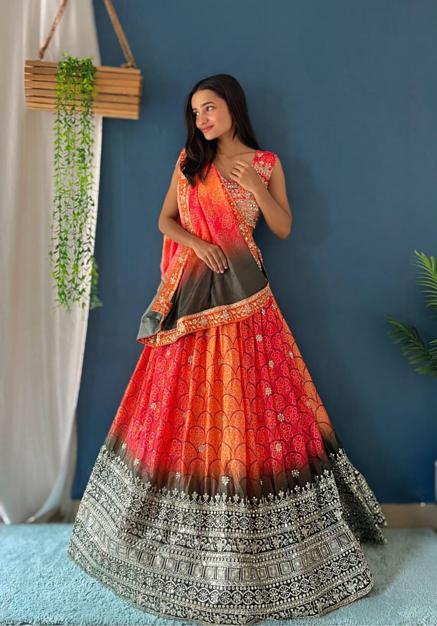 LEHNGA : CHINON SILK WITH DIGITAL PRINT AND EMBROIDERY SEQUENCE DESIGN WORK