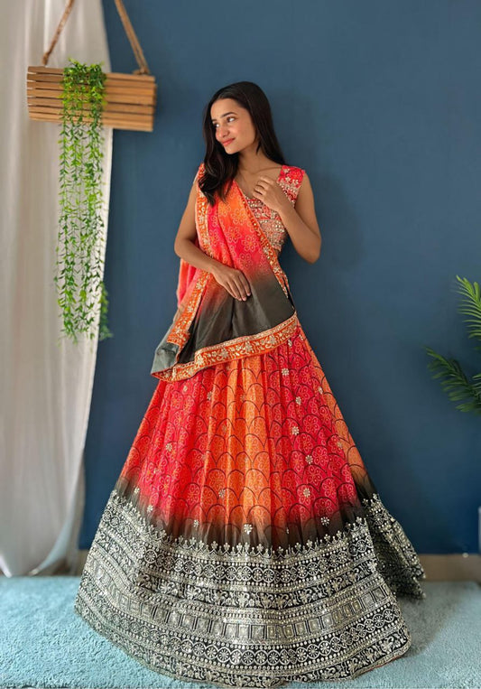 LEHNGA : CHINON SILK WITH DIGITAL PRINT AND EMBROIDERY SEQUENCE DESIGN WORK