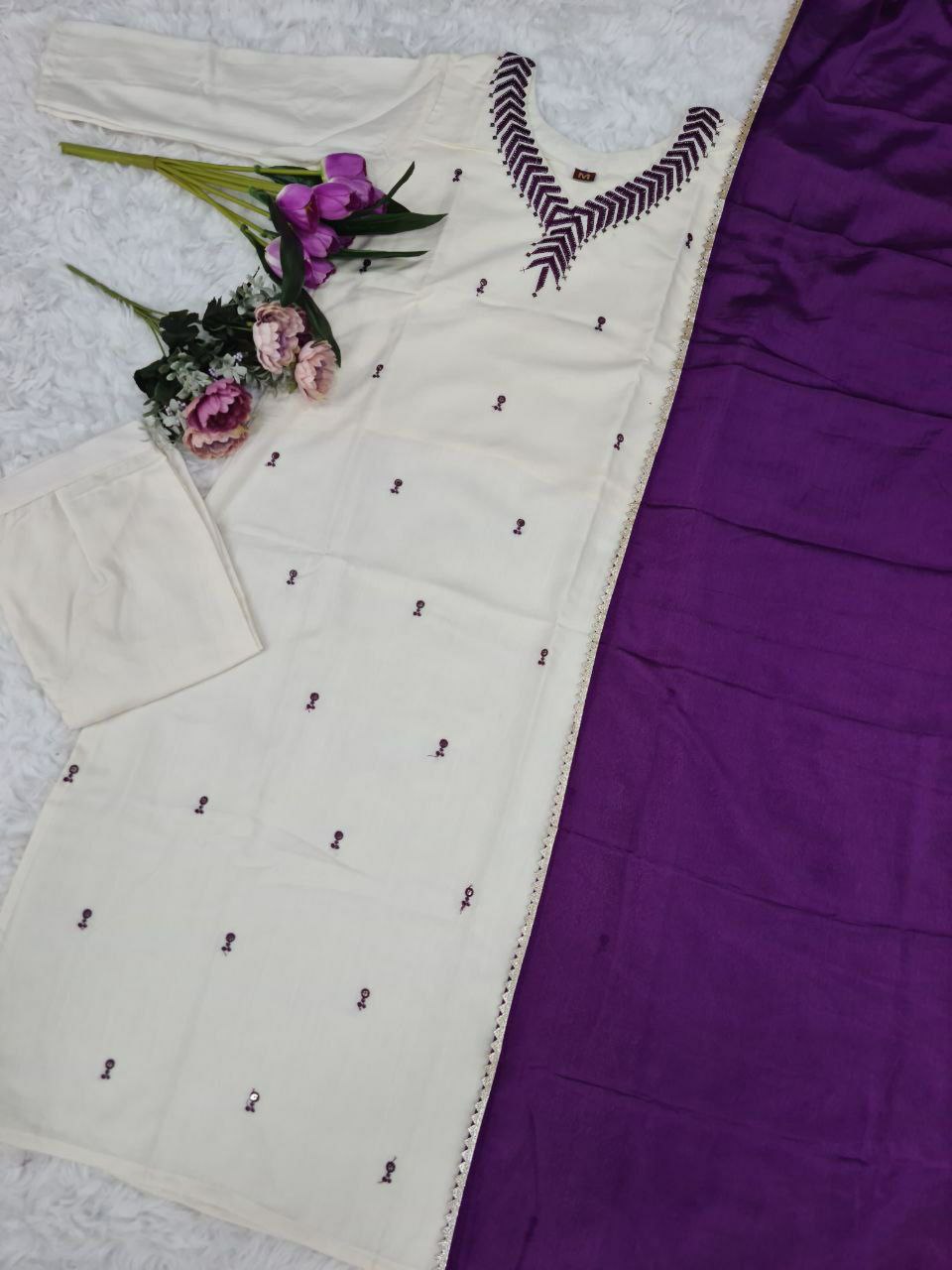 Beautiful suit set.                    PURE REYON SLUB WITH SEQUENCE EMBROIDERY WORK