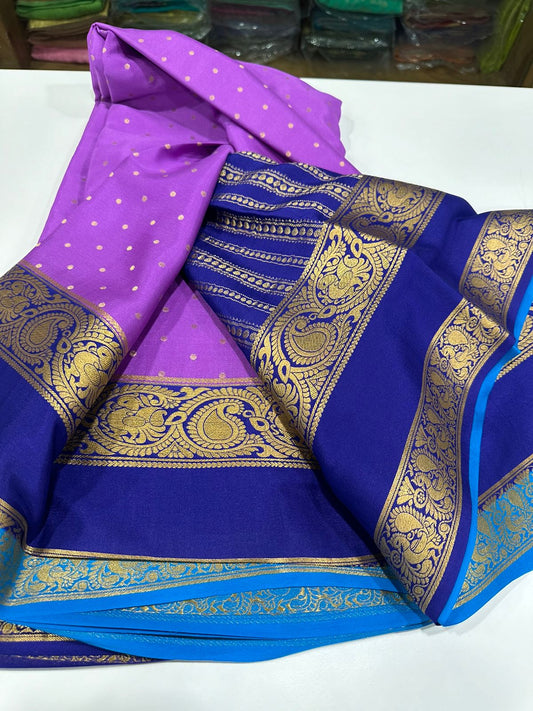Pure Mysore silk sarees
120 grm thickness  with rich pallu 
Silk mark certified
Big mango n peacock design on border