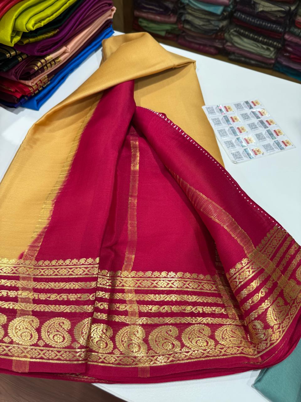 Pure Mysore silk sarees 
75 grm thickness Traditional  border Mysore silk sarees with all beautiful self colour big mango traditional