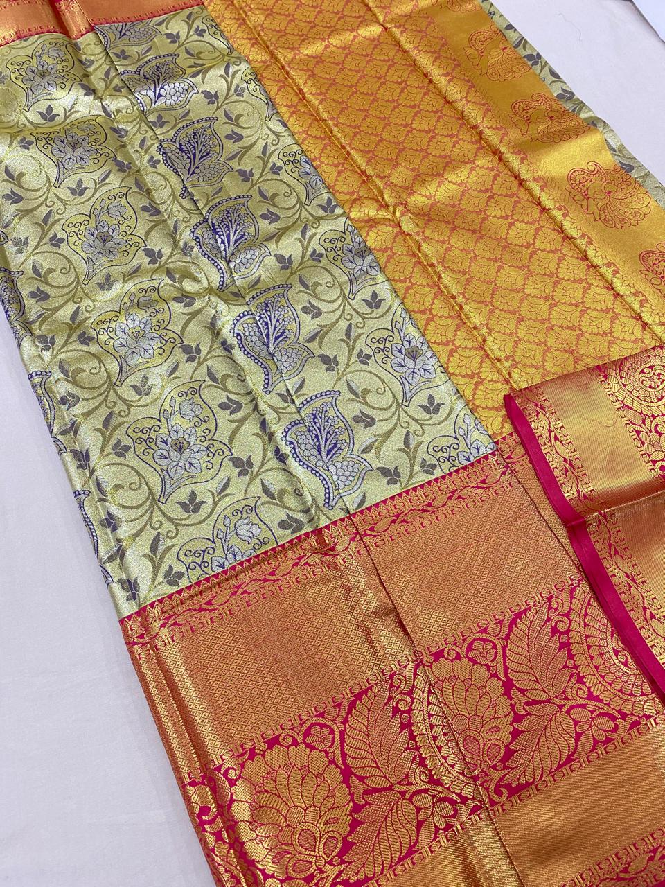 Kanchipuram semi Tishu silk sarees
Beautiful Design 
beautiful tishu bridal Semi silk sarees*
