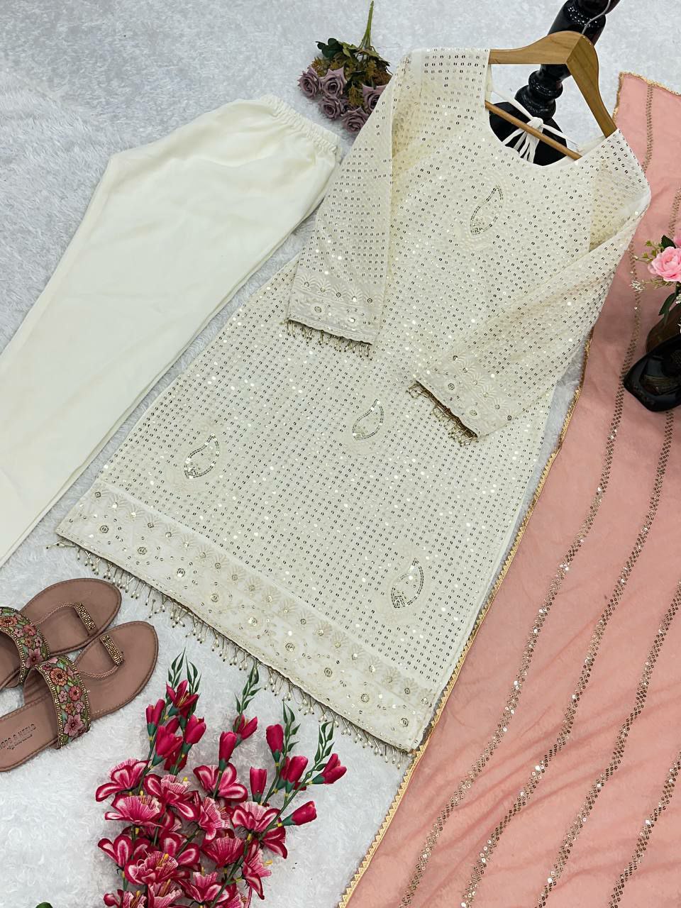 Beautiful suits said perfect additional look
TOP FABRIC : HAVY FOUX GOARGATYE WITH HAVY EMBROIDERY WORK AND MOTI LACE WORK