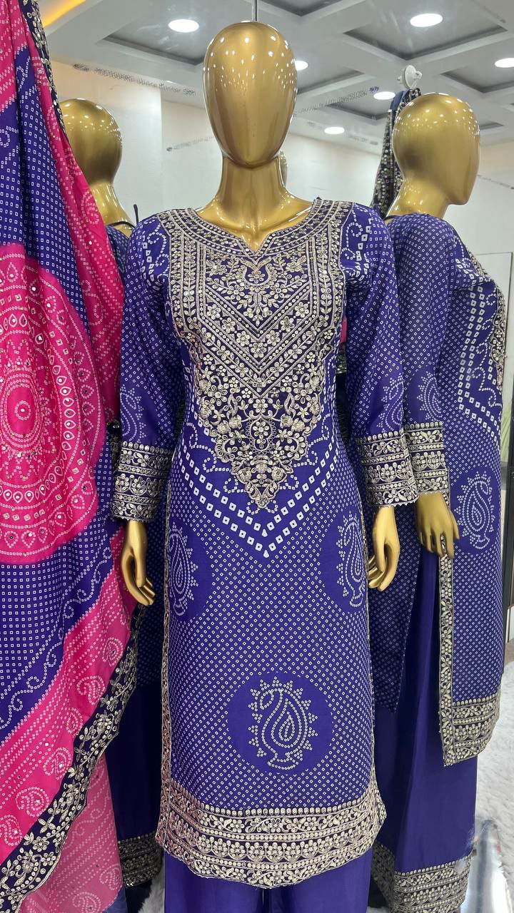 Designer plazo suit set          Heavy Chinon With Digital Print With Embroidery Sequence Work With Heavy With Full Sleeve