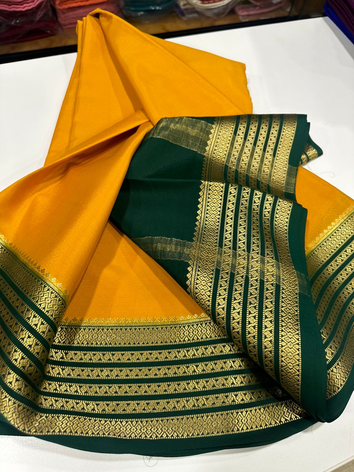 Pure Mysore silk sarees 
110 grm thickness  
Silk mark certified
Traditional lines border mysore silk sarees which comes with beautiful color combination