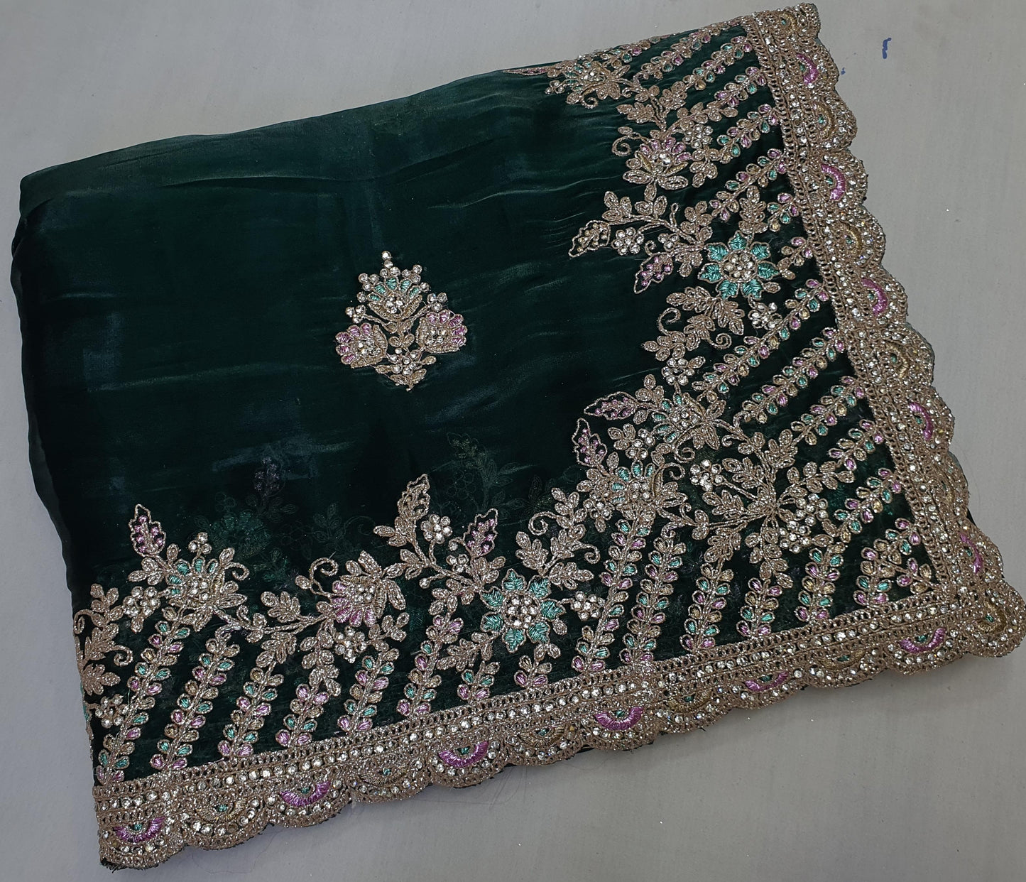 ALLOVER CODING JARI BORDER AND BUTTA WITH JARKAN STONE ON JIMMY CHOO*saree