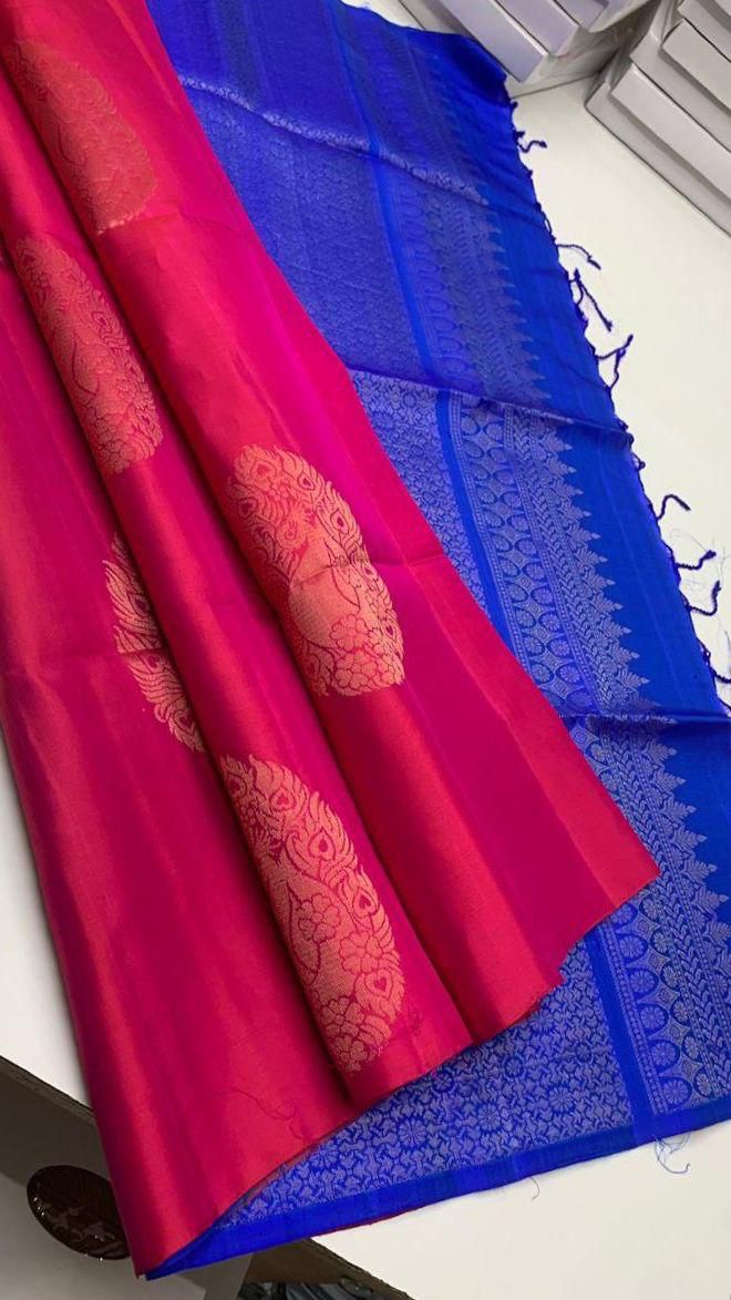 Pure handloom Big bhutta borderless Double warp soft silk sarees collections with contrast Pallu and blouse